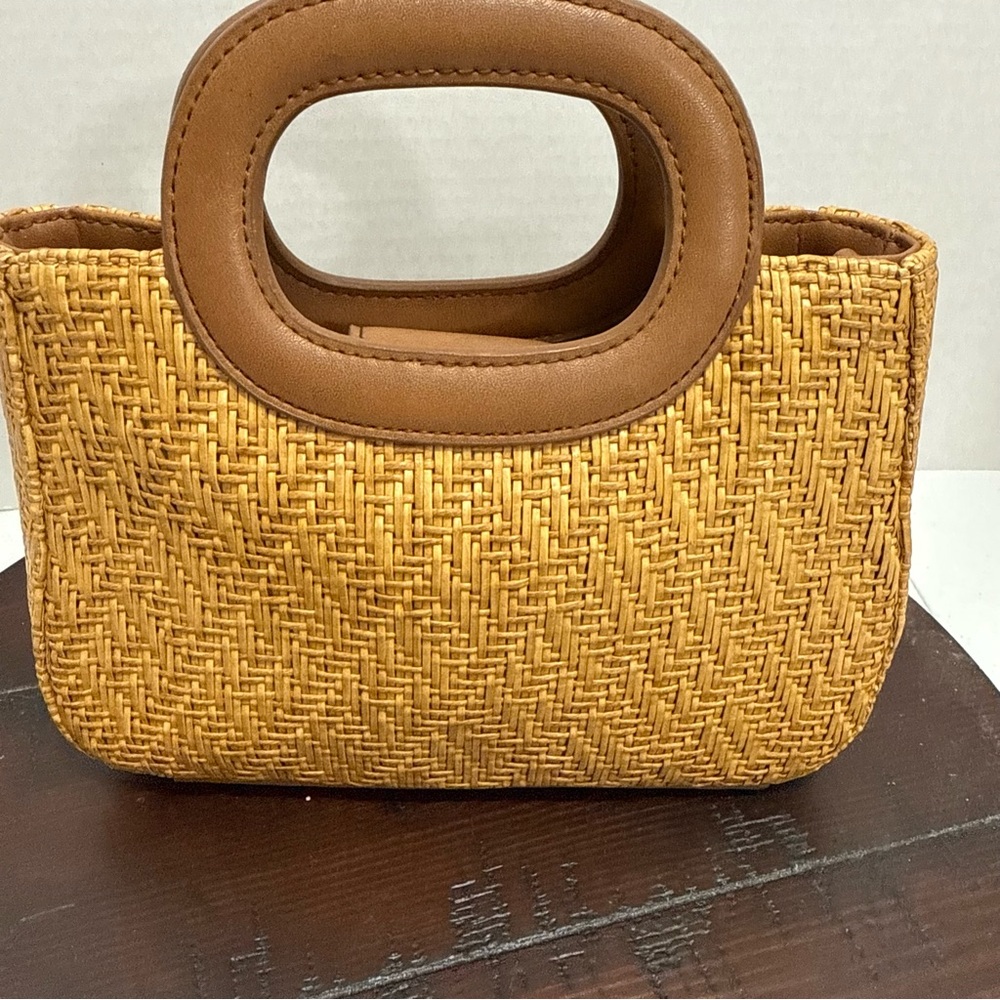 Fossil Handbag Brown Leather with Woven Raffia Double Handles Lined Purse Y2K - Picture 7 of 14